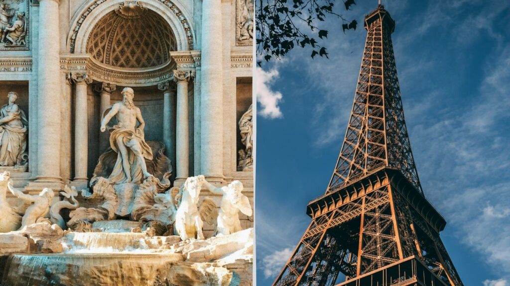 Trevi Fountain in Rome and Eiffel Tower in Paris side-by-side showcasing iconic European architecture