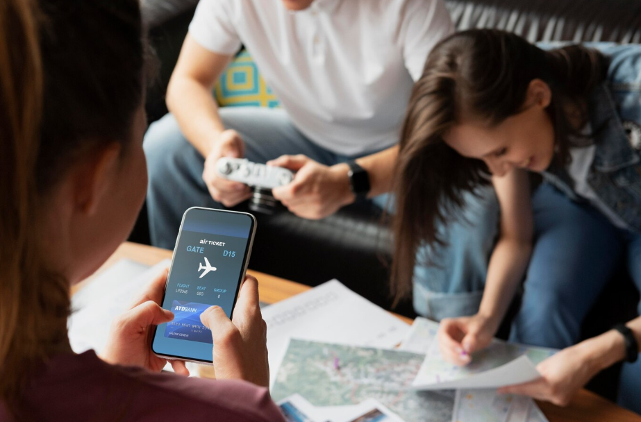 Group of friends planning a trip together, with one person holding a phone displaying a digital boarding pass.