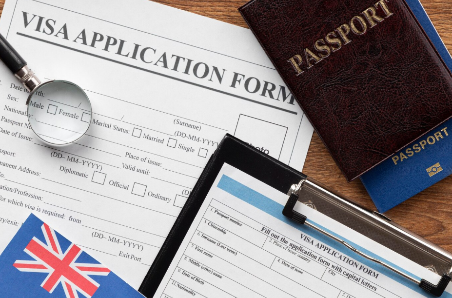 Visa application form with passports, magnifying glass, and UK flag representing updated international travel rules