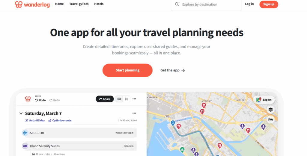 Screenshot of the Wanderlog homepage showing a map-based travel itinerary planner