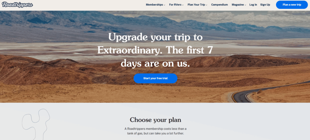 Screenshot of Roadtrippers homepage with a scenic desert road and the headline “Upgrade your trip to Extraordinary."