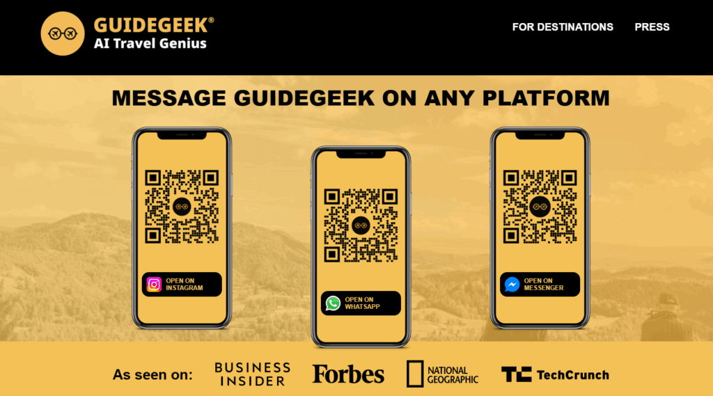 Screenshot of GuideGeek’s homepage featuring three smartphones displaying QR codes to access the AI travel assistant
