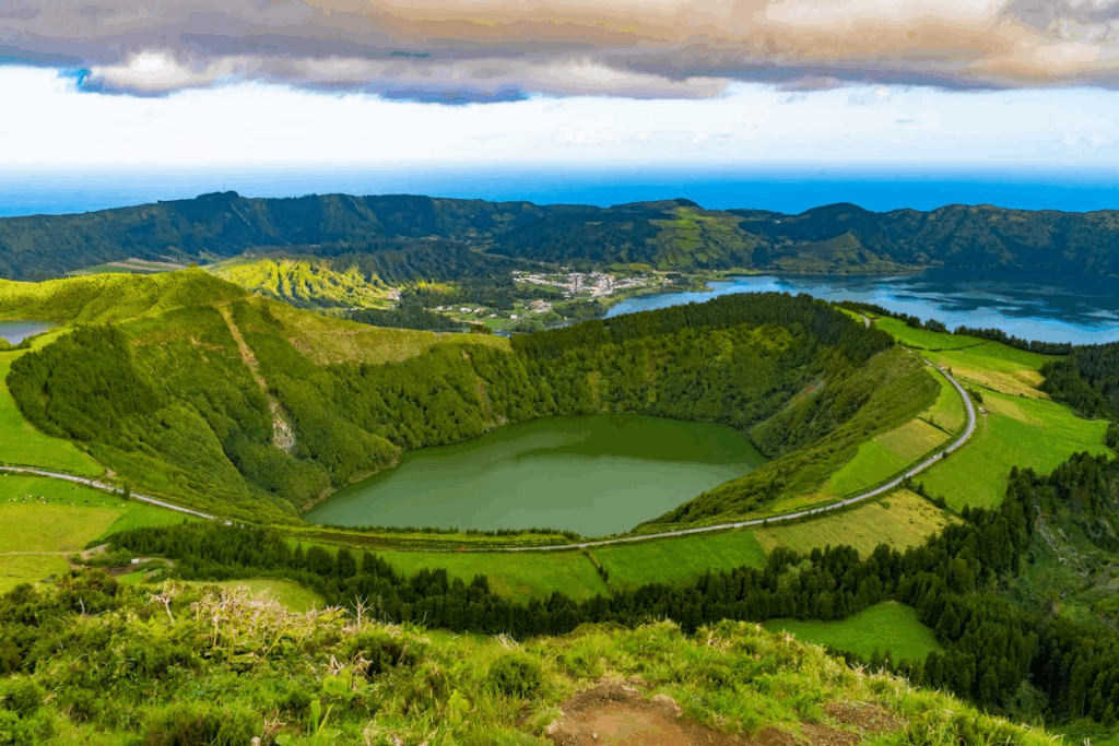 Aerial view of Sete Cidades crater lakes and lush volcanic landscape in the Azores, Portugal