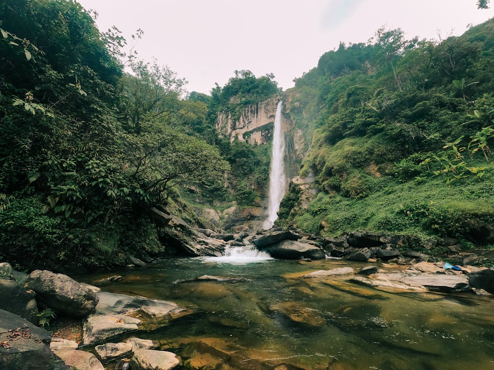 Scenic waterfall cascading into a clear rocky stream surrounded by lush tropical forest—an ideal eco-friendly escape for nature lovers.