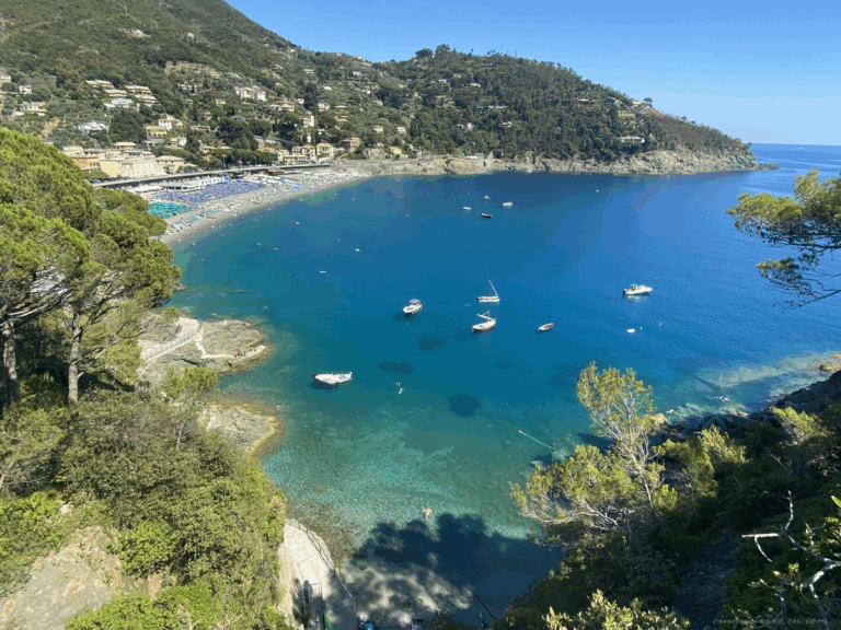 Scenic view of Bonassola Bay with turquoise water and boats near Cinque Terre