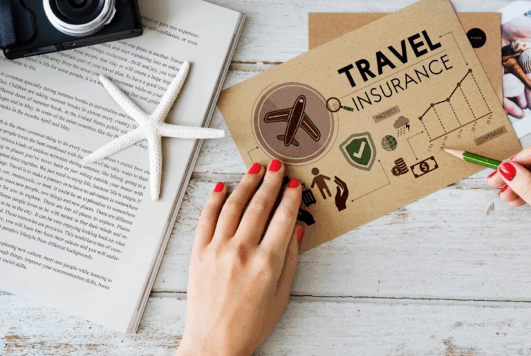 Woman reviewing travel insurance brochure with icons showing trip protection and coverage benefits
