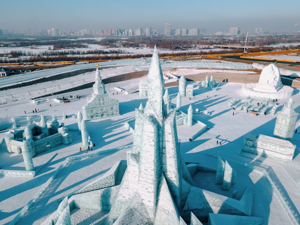 Illuminated ice sculptures at Harbin Ice and Snow Festival in China