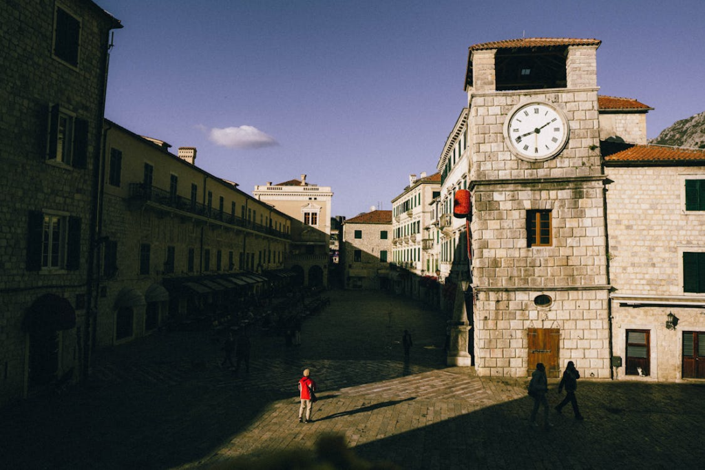 Historic square in one of the beautiful small cities in Europe, in Kotor Montenegro.