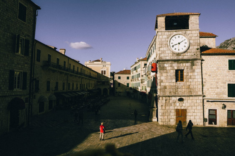 Historic square in one of the beautiful small cities in Europe, in Kotor Montenegro.
